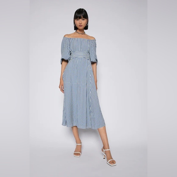 Scanlan Theodore Dresses & Skirts - Scanlan Theodore Blue Gingham Off-Shoulder Midi Dress